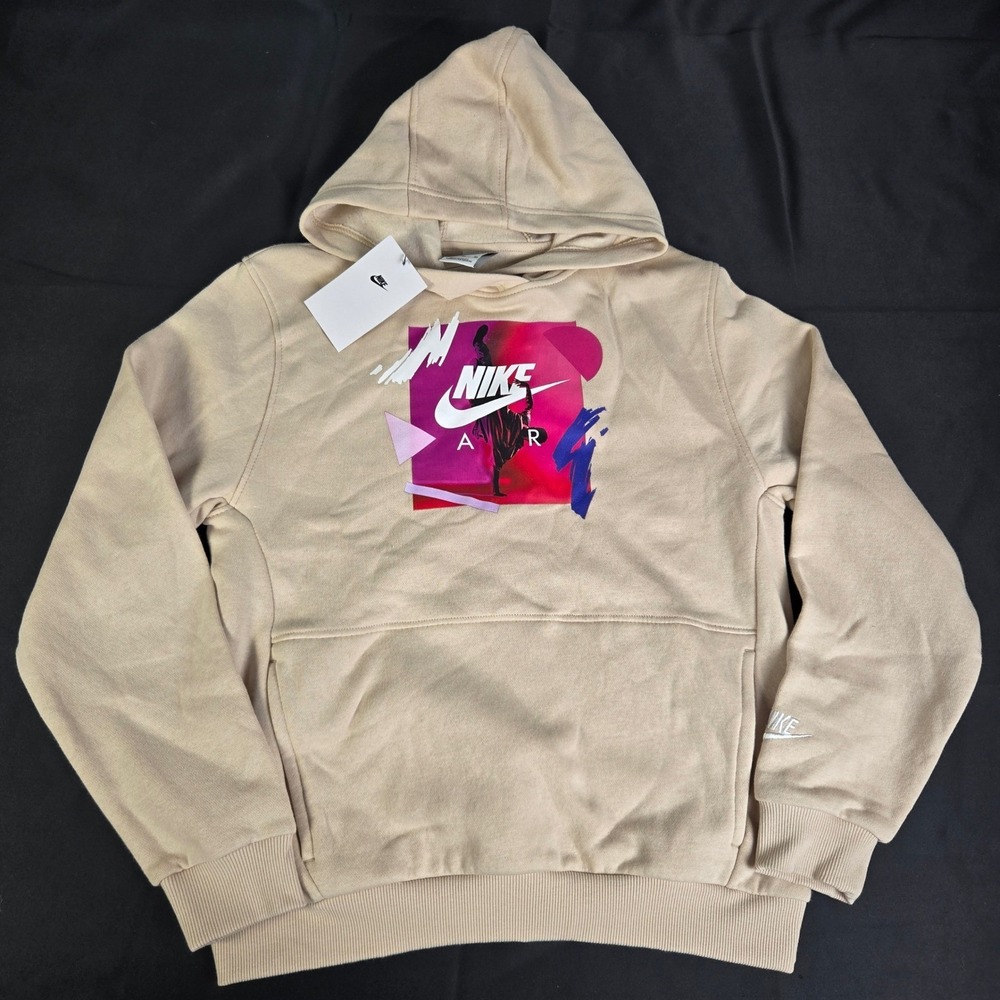 Nike Air‎ Kids XL Club Fleece Sportswear Beige Graphic Hoodie Sweatshirt Youth
